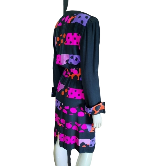 VINTAGE 80s Silk Dress size 10 Colorful Pattern Office Wear Shoulder Pads - Picture 7 of 12